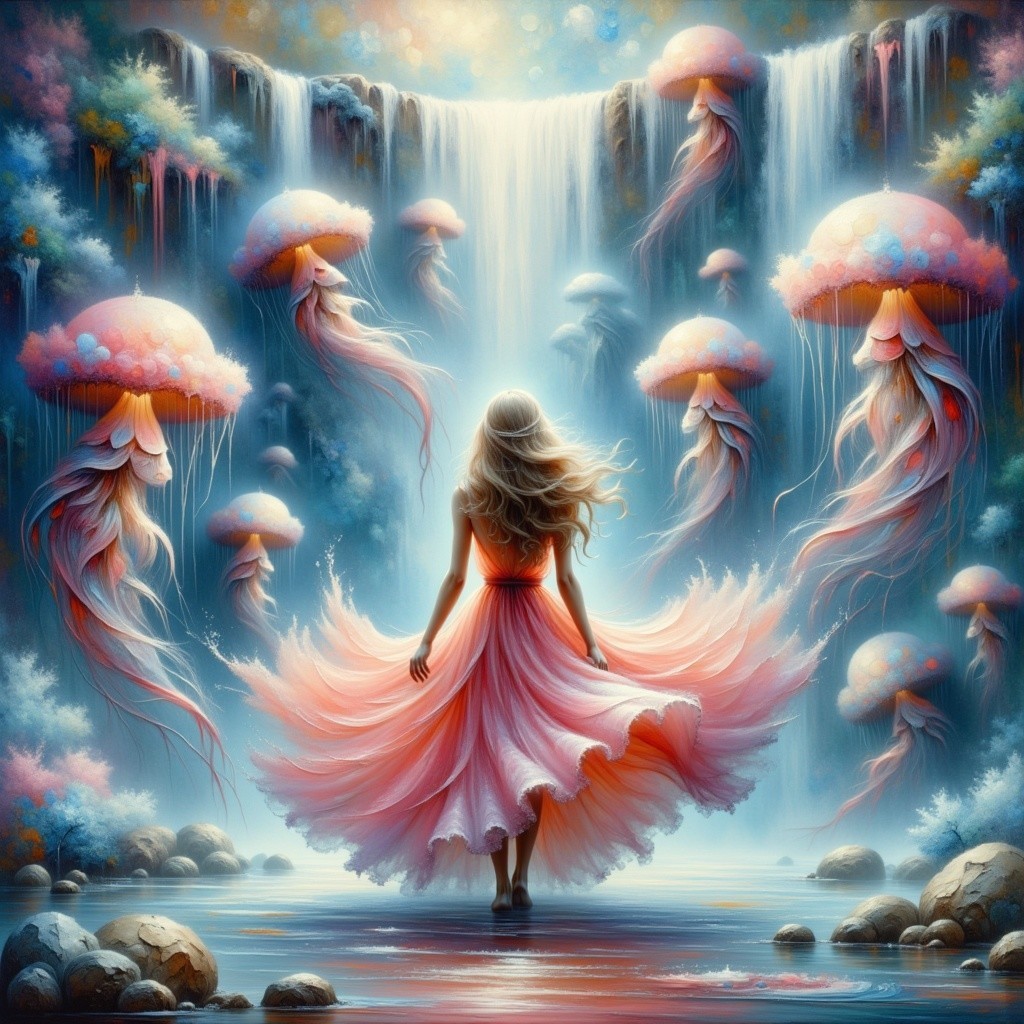 Mystical Landscape with Young Woman and Jellyfish