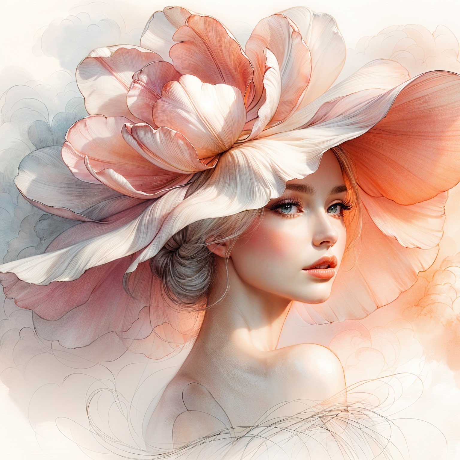 Woman in Floral Hat with Ethereal Beauty and Fabric