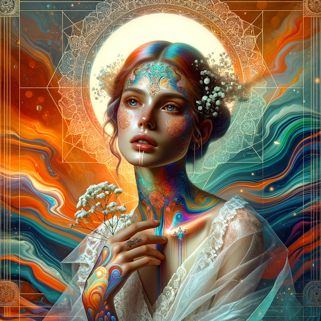 Mesmerizing figure with intricate tattoos and vibrant background