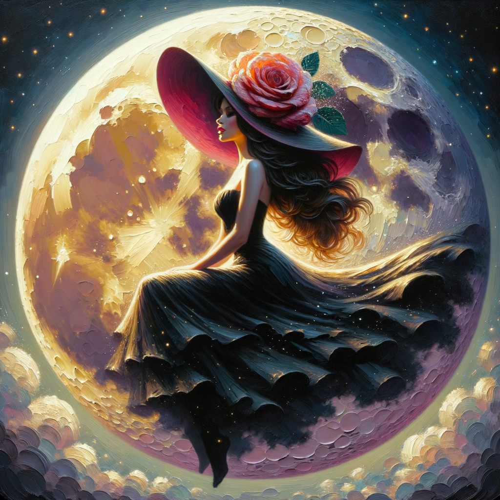 Woman on Crescent Moon with Pink Hat and Stars