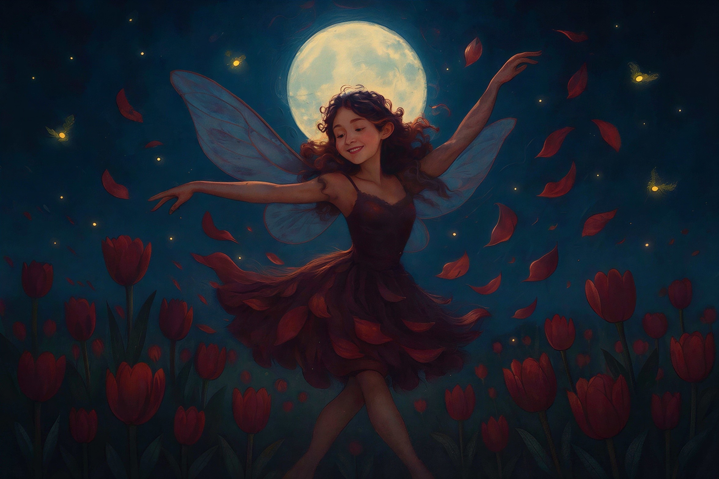 Whimsical Fairy in Dark Red Dress Against Night Sky