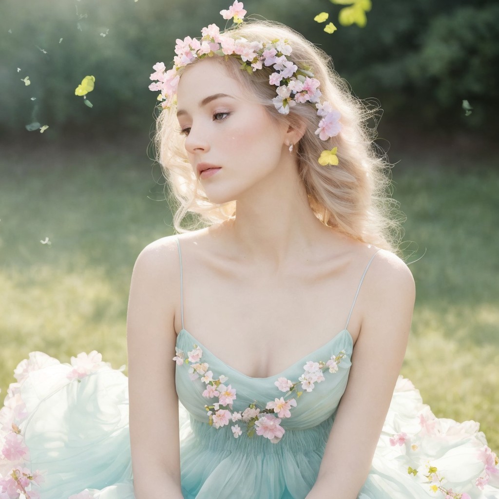 Young Woman in Light Blue Dress in Serene Outdoor Setting