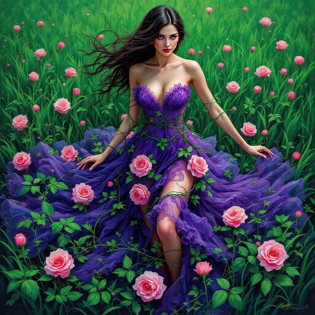 Woman in Purple Gown Surrounded by Pink Roses