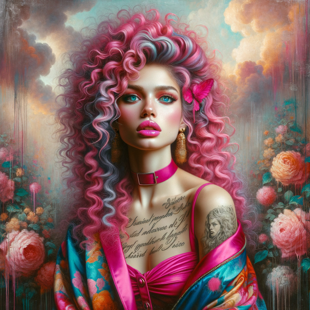 Portrait of a Young Woman with Colorful Curls and Flowers