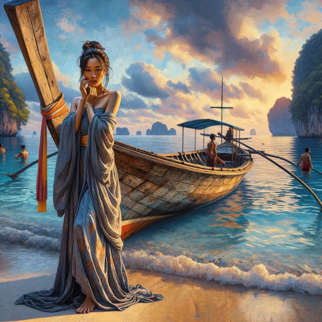 Detailed Painting of Woman on Beach with Longtail Boat