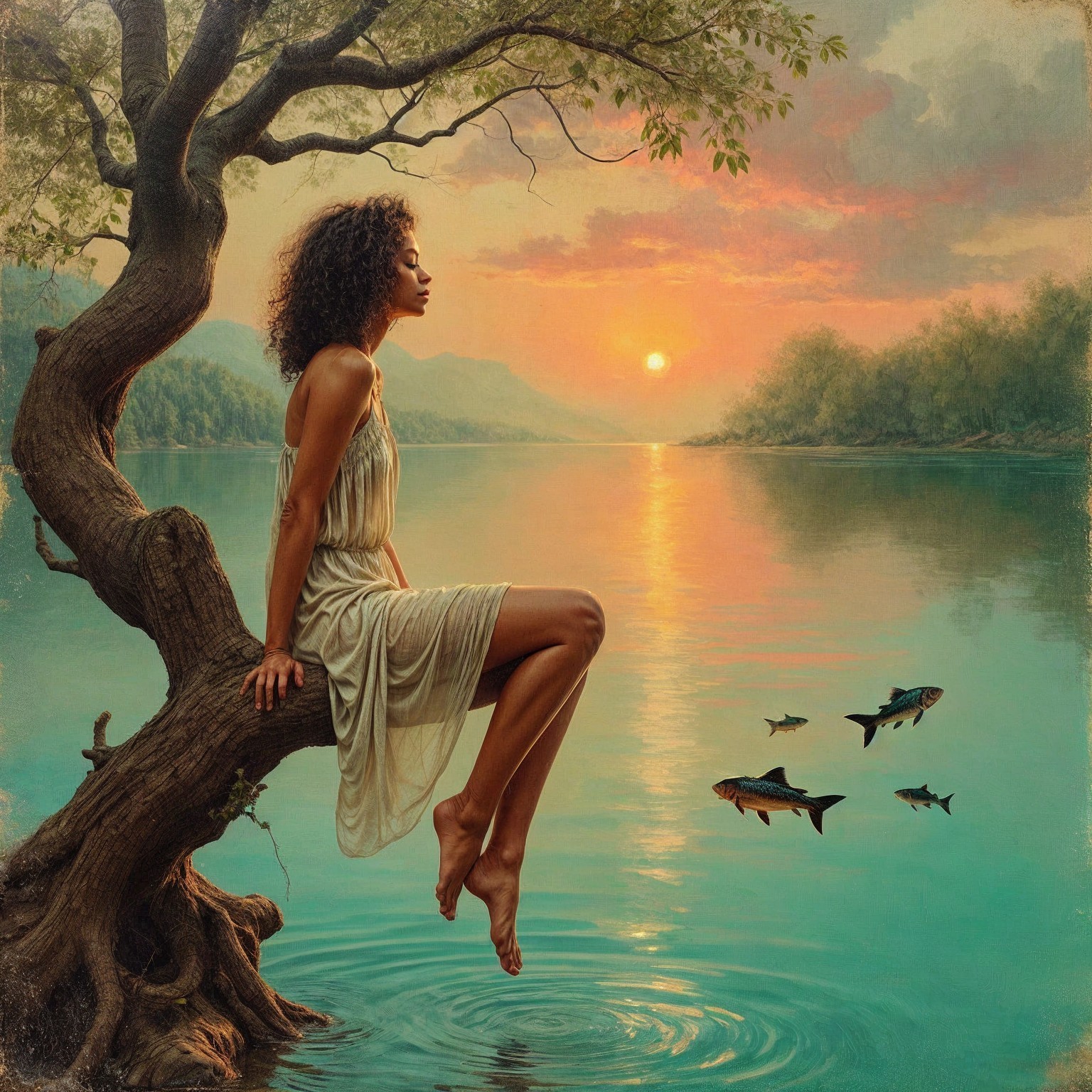 Young Woman on Tree Branch by Tranquil Lake at Sunset