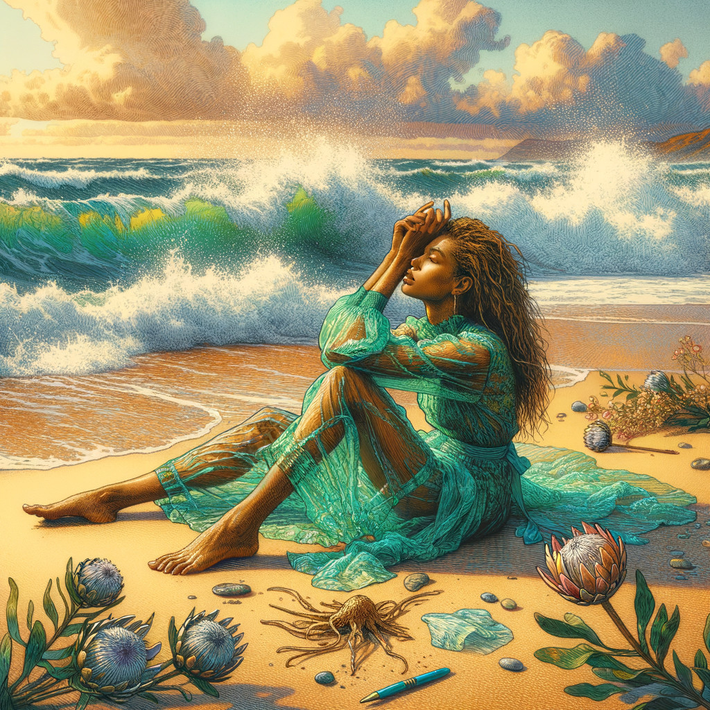 Serene Beach Scene with Woman in Turquoise Dress