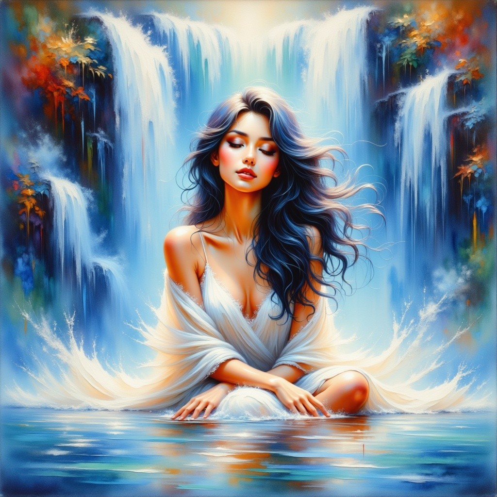 Serene Woman in Tranquil Pool Surrounded by Waterfalls