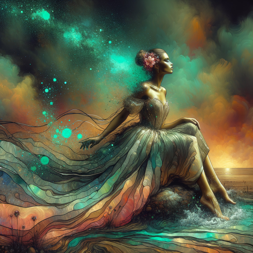 Ethereal figure by the shore with luminescent orbs
