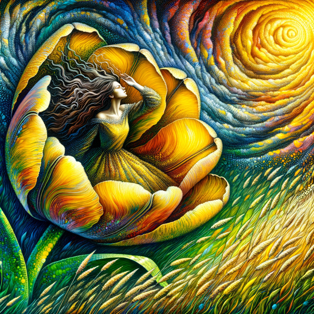 Woman in Tulip Surrounded by Golden Wheat Fields