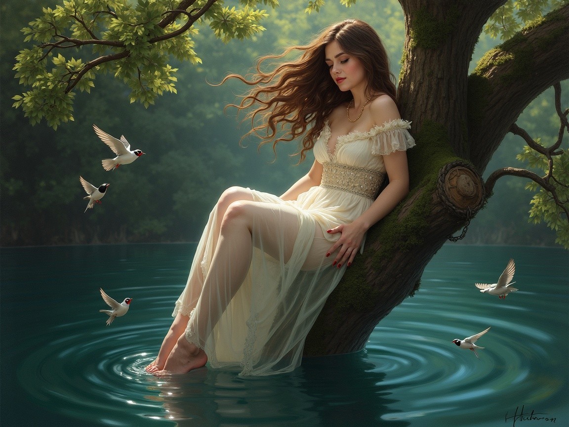 Young Woman in Sheer Dress by Calm Waters and Trees