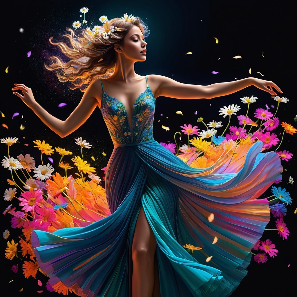 Elegant figure in embroidered gown with floral backdrop