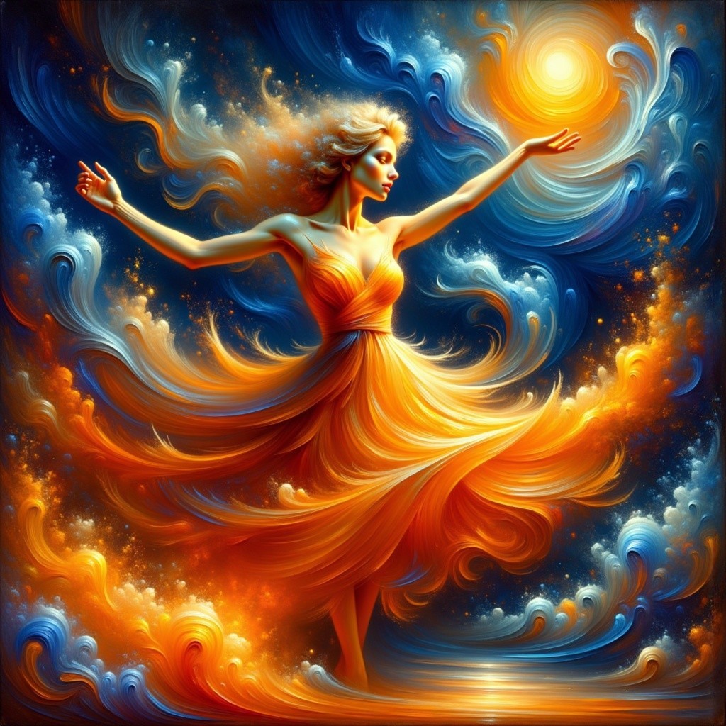 Woman in Orange Dress Dancing with Colorful Swirls