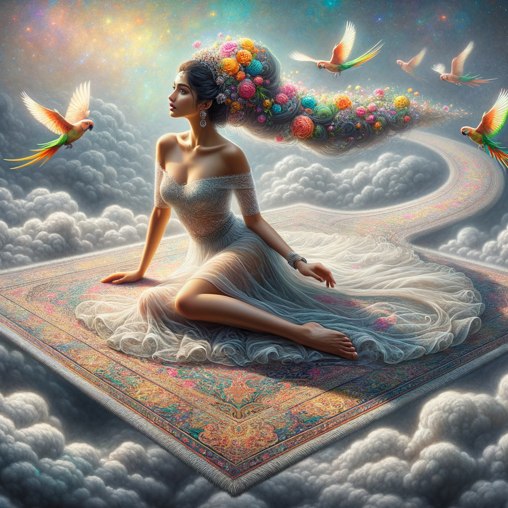 Whimsical Scene of Woman on Carpet Among Clouds