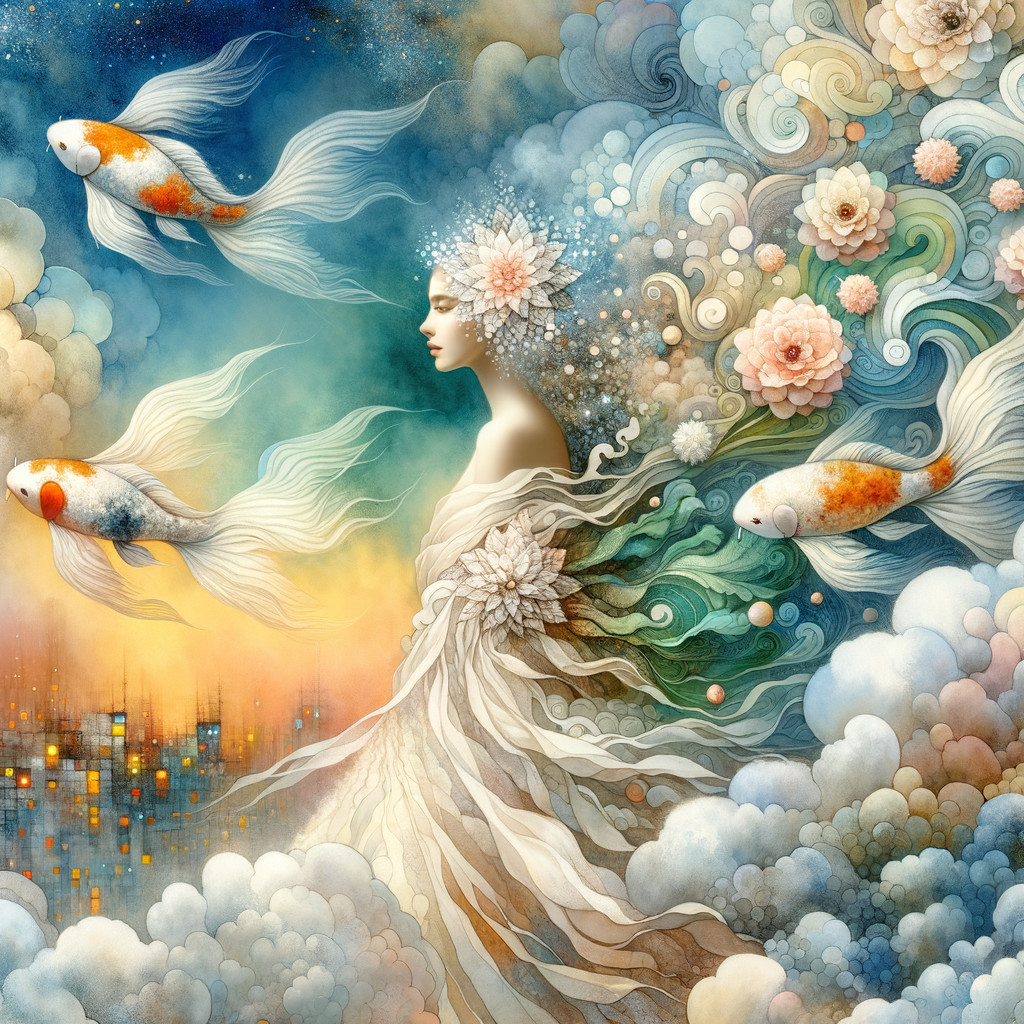 Ethereal Figure in Dreamy Floral Landscape with Koi Fish