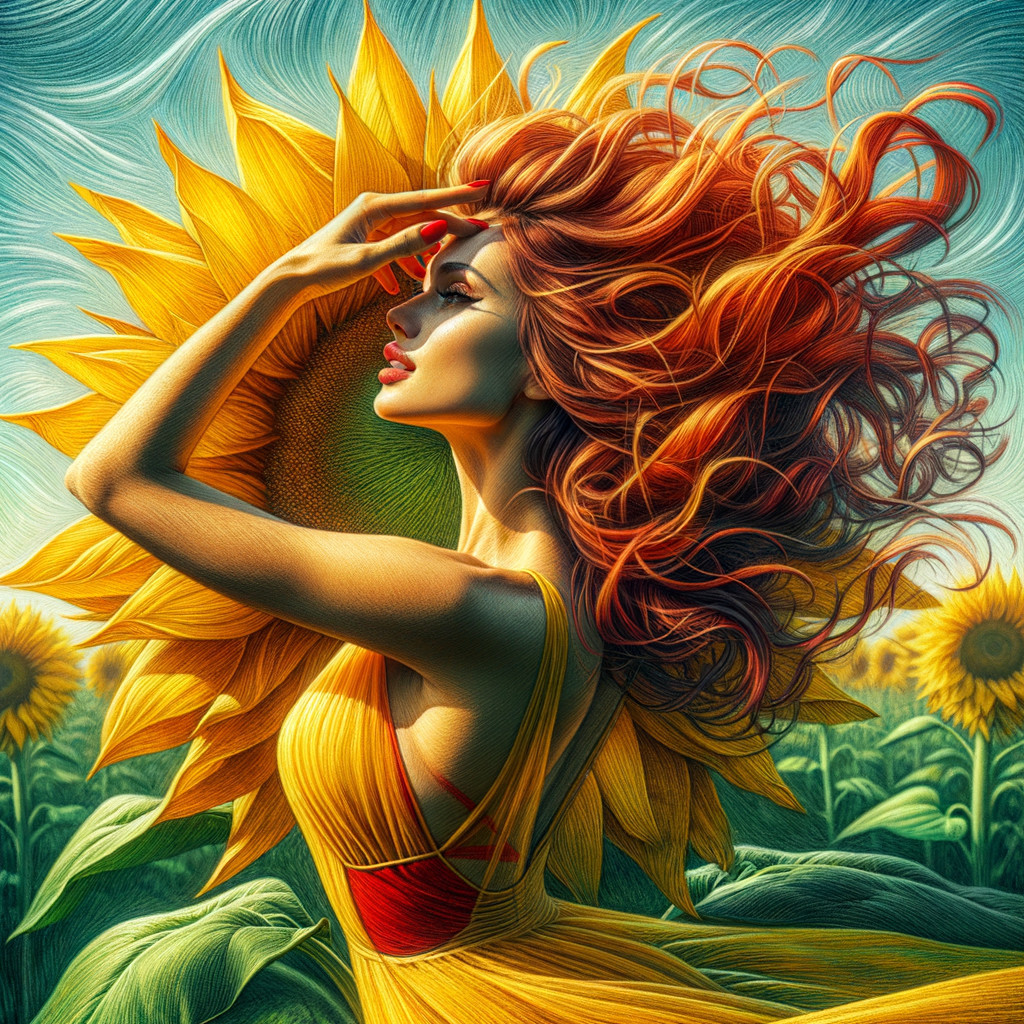 Whimsical Scene of Woman in Sunflower Field