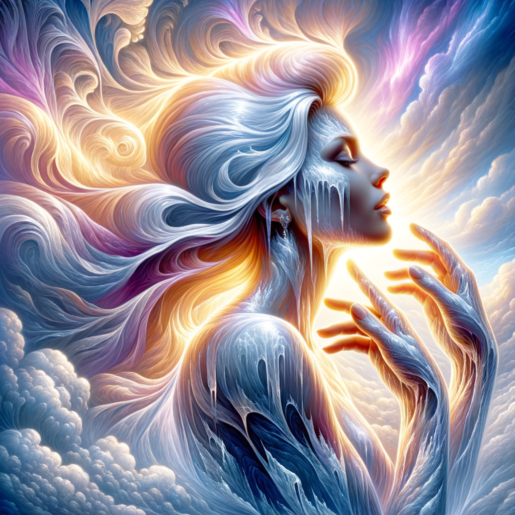 Wistful Figure with Flowing Hair and Swirling Clouds