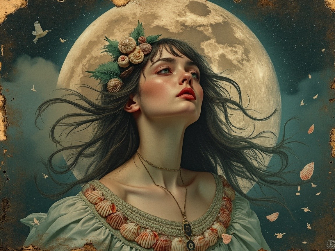 Young woman in pale dress amidst a dreamlike setting
