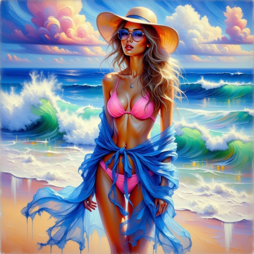 Sun-kissed woman in pink bikini at vibrant beach