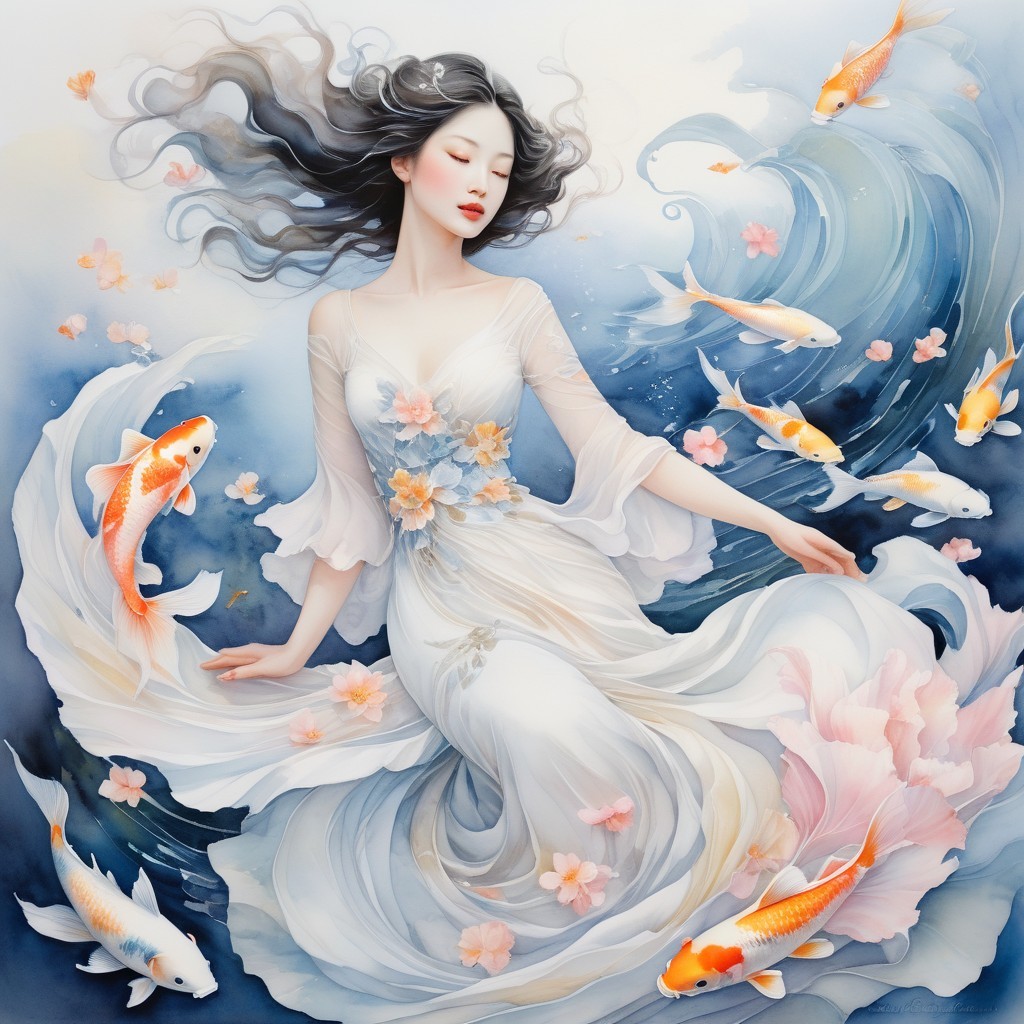 Ethereal Woman in White Dress Among Ocean Waves
