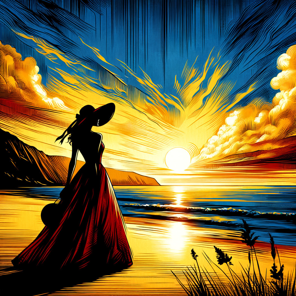 Silhouetted Figure in Red Dress at Vibrant Sunset Beach