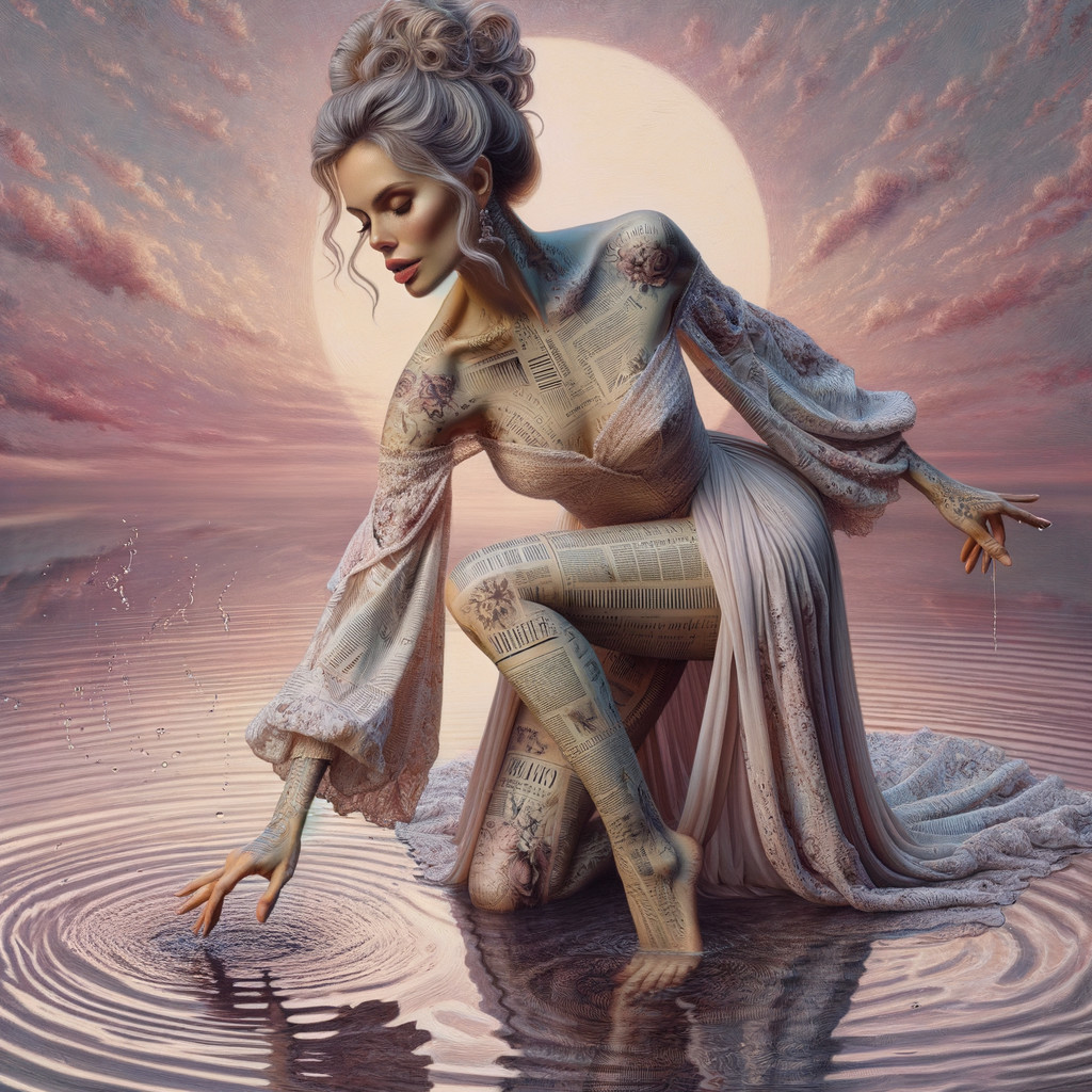 Ethereal figure in lace dress by moonlit water
