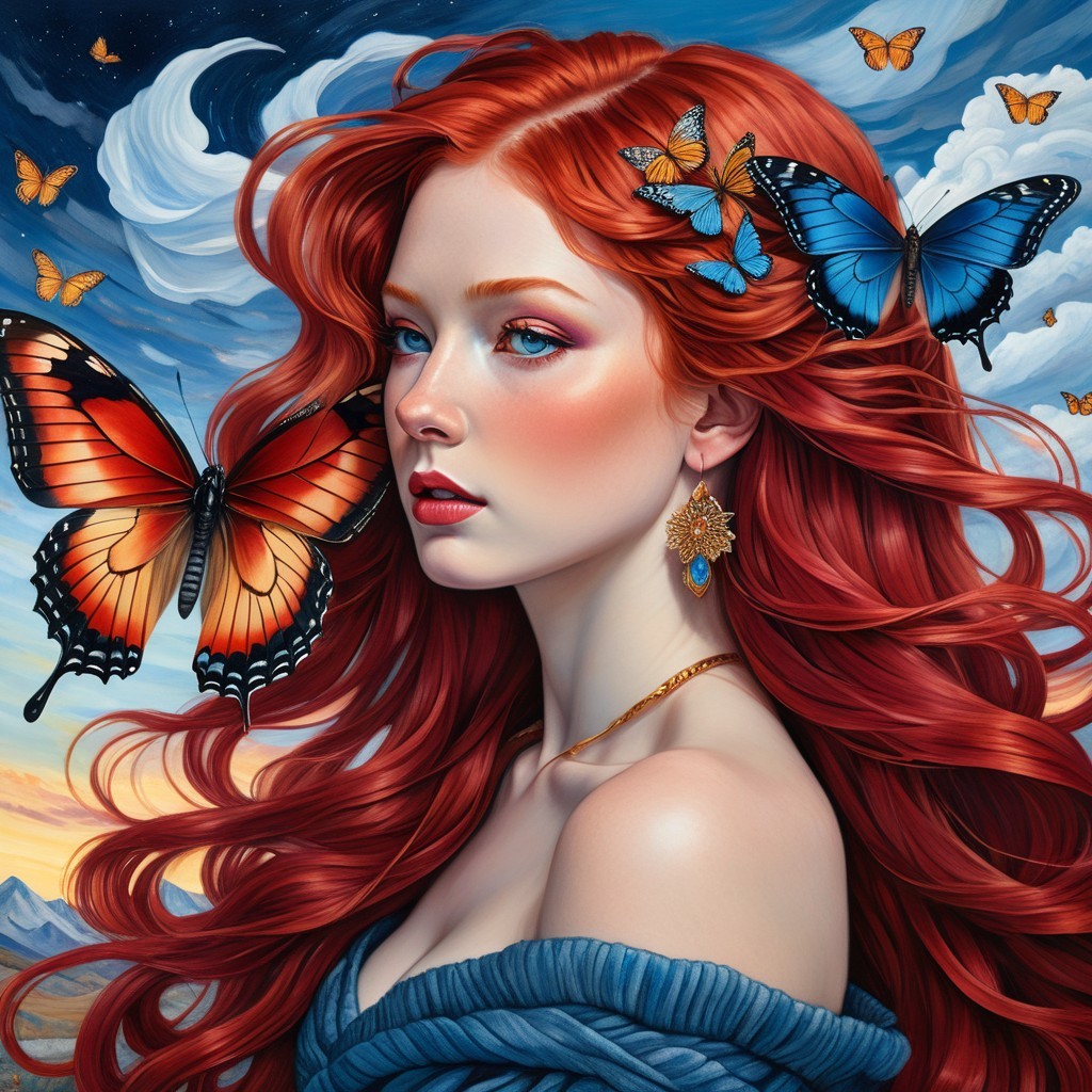 Portrait of a woman with red hair and butterflies
