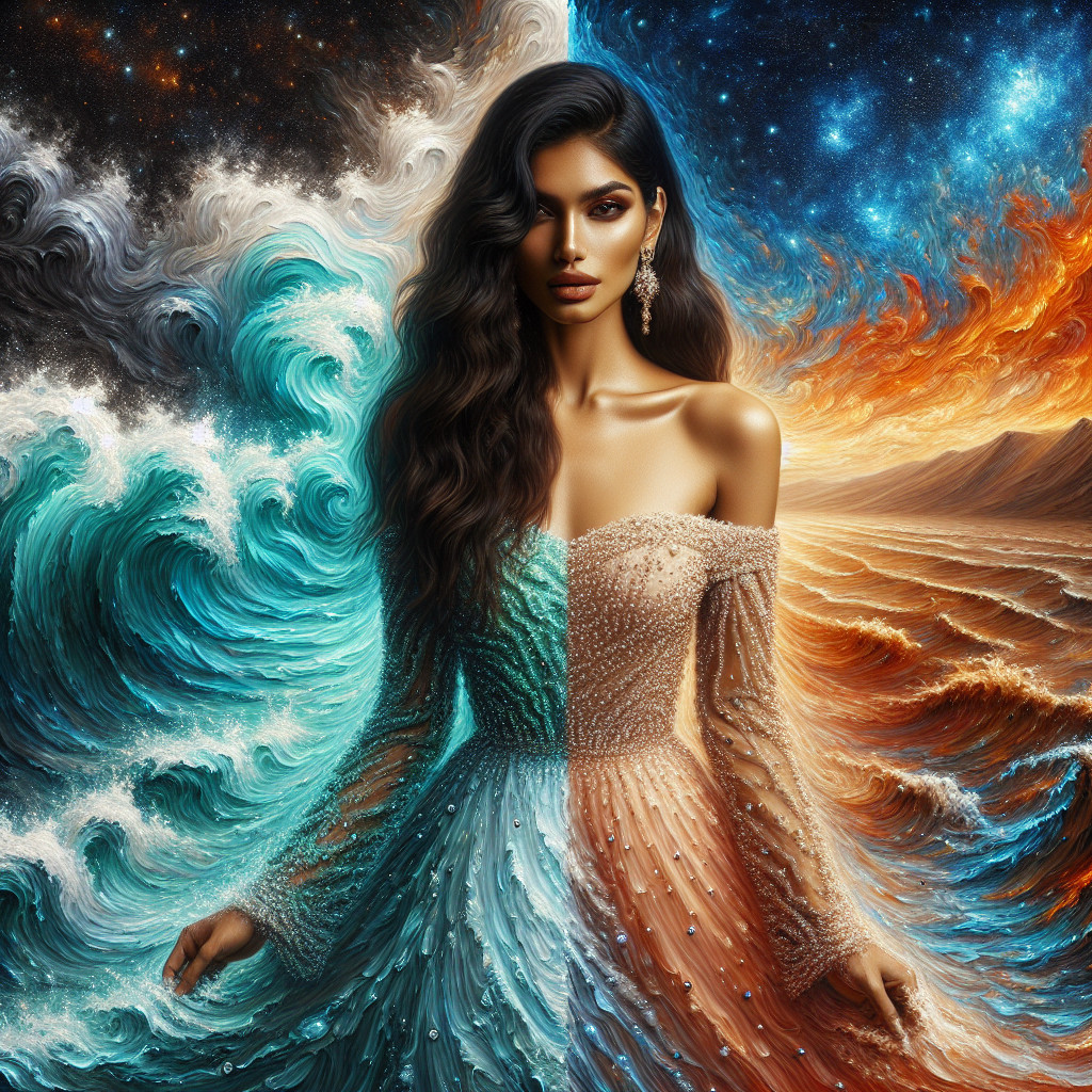 Elegant Figure in Gown of Turquoise and Orange