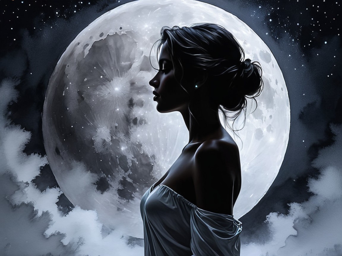 Silhouetted Woman Contemplating a Luminous Full Moon