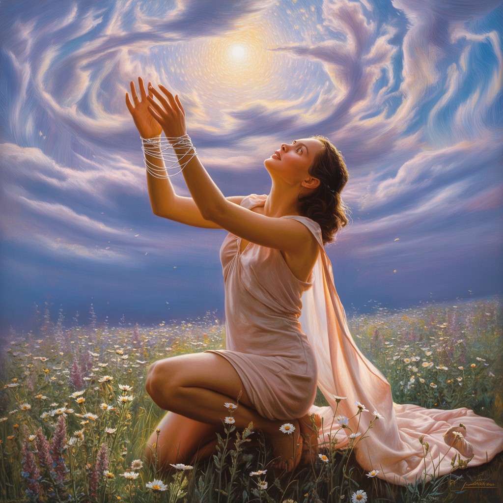 Young Woman in Meadow with Luminous Clouds and Light