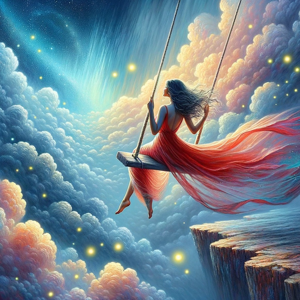 Woman in Red Dress Swinging in Starry Sky