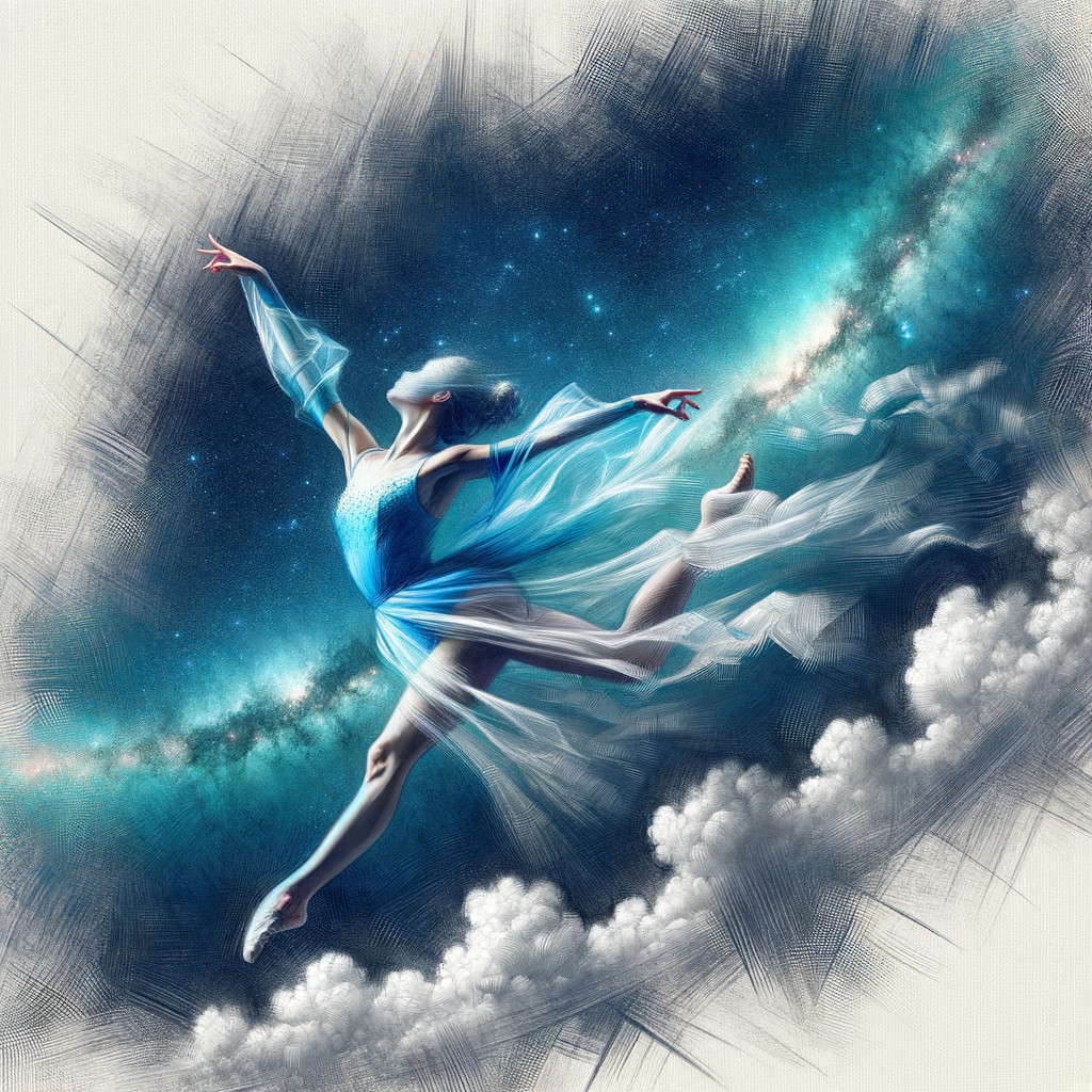 Ballerina in Cosmic Landscape with Starry Background