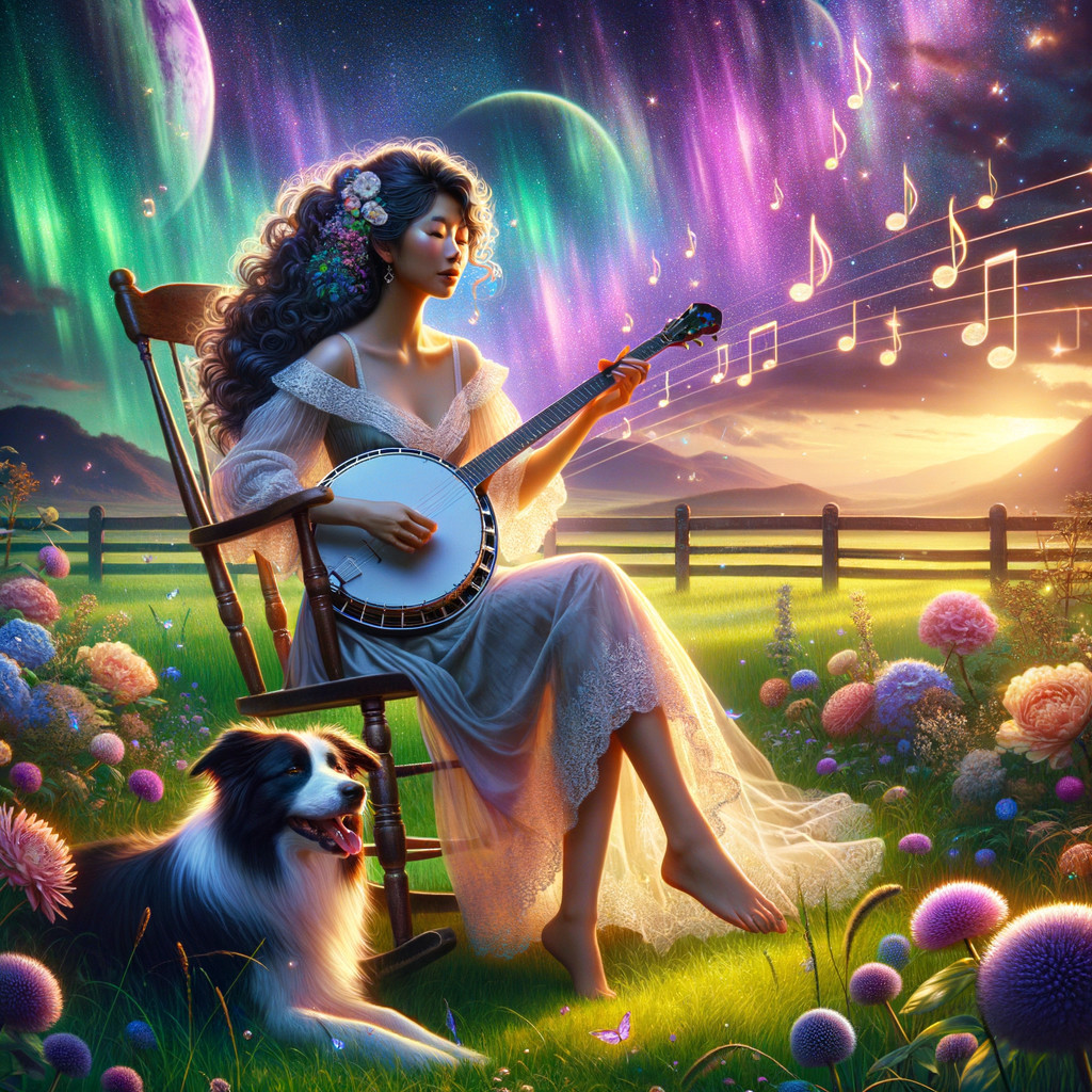 Woman in White Gown Playing Banjo in Dreamlike Landscape