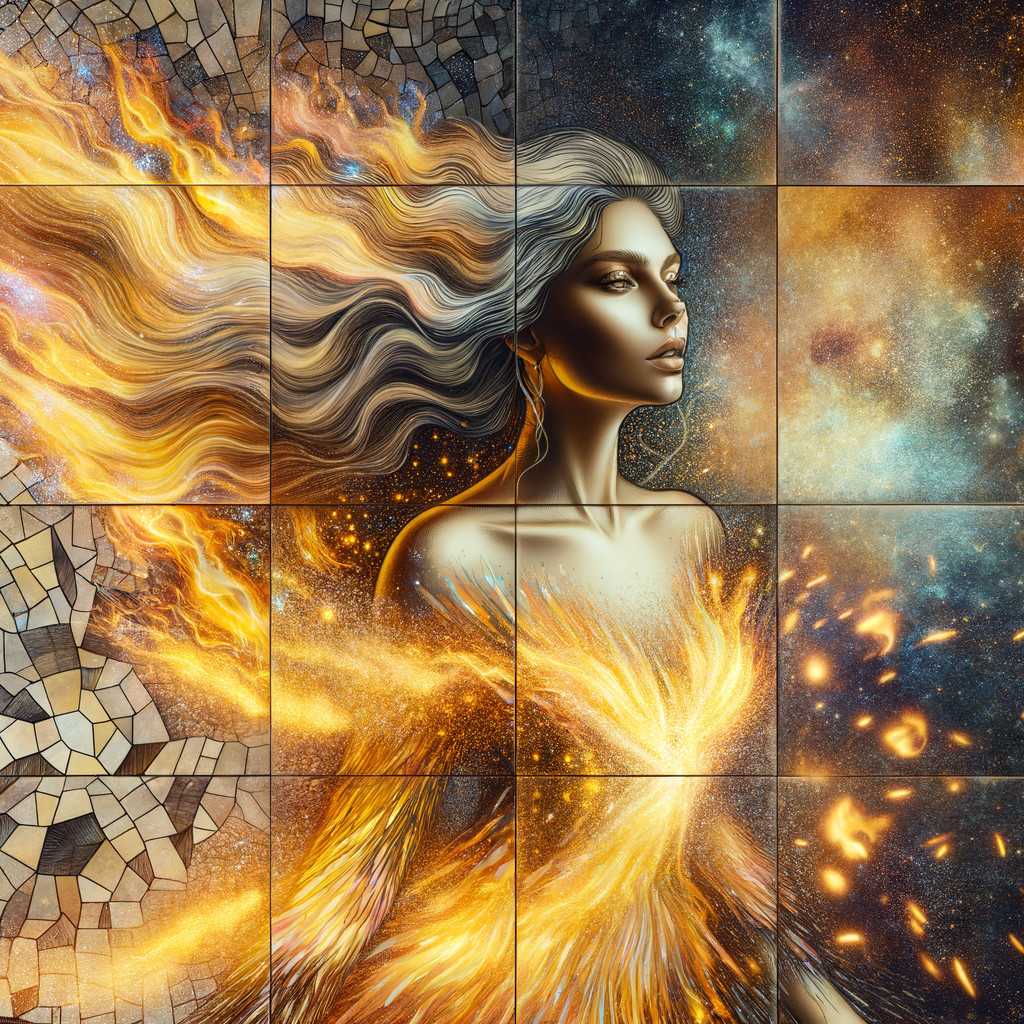 Ethereal Woman Surrounded by Flames and Cosmic Elements