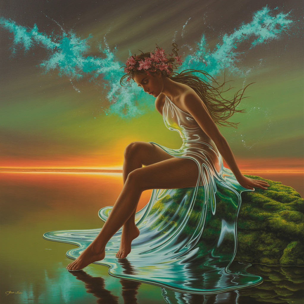 Serene Woman in White Dress by Sunset and Water