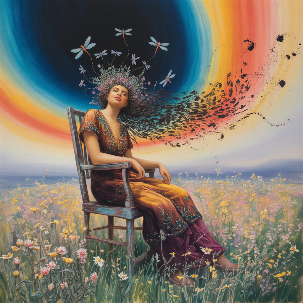 Serene Woman in Rustic Chair Amid Colorful Landscape