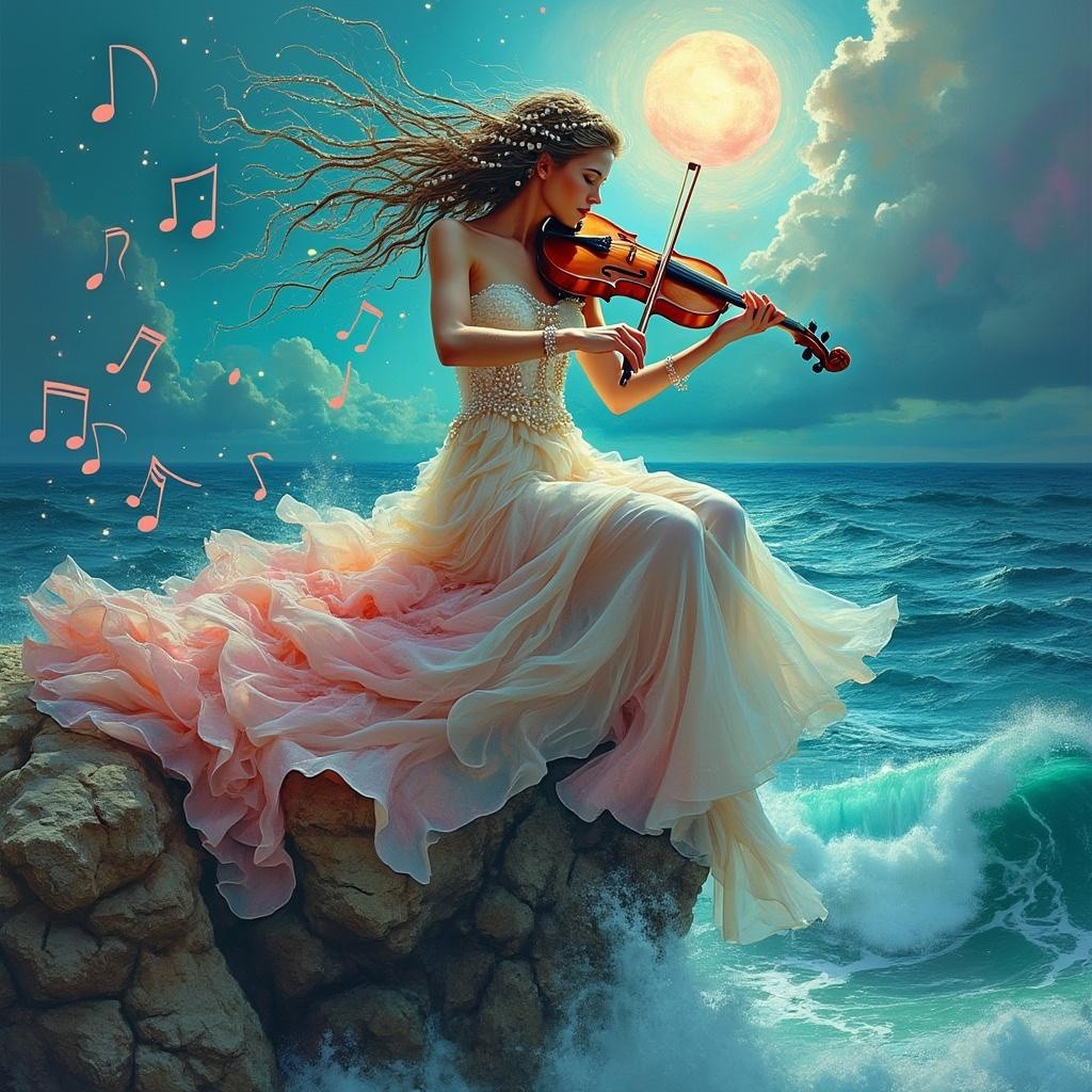 Young Woman in Gown Playing Violin by Ocean Moonlight