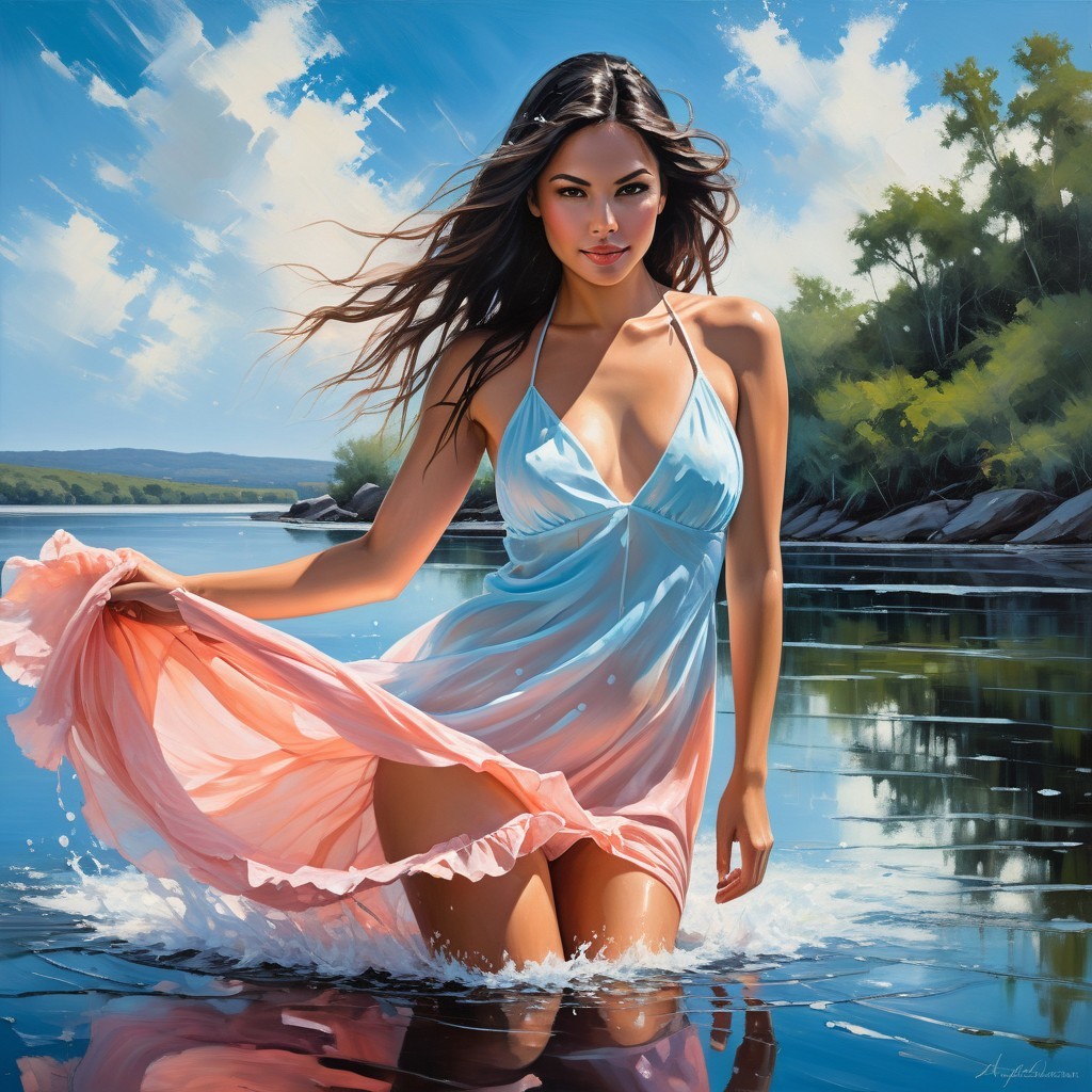 Young Woman in Pastel Dress Wading Through Calm River