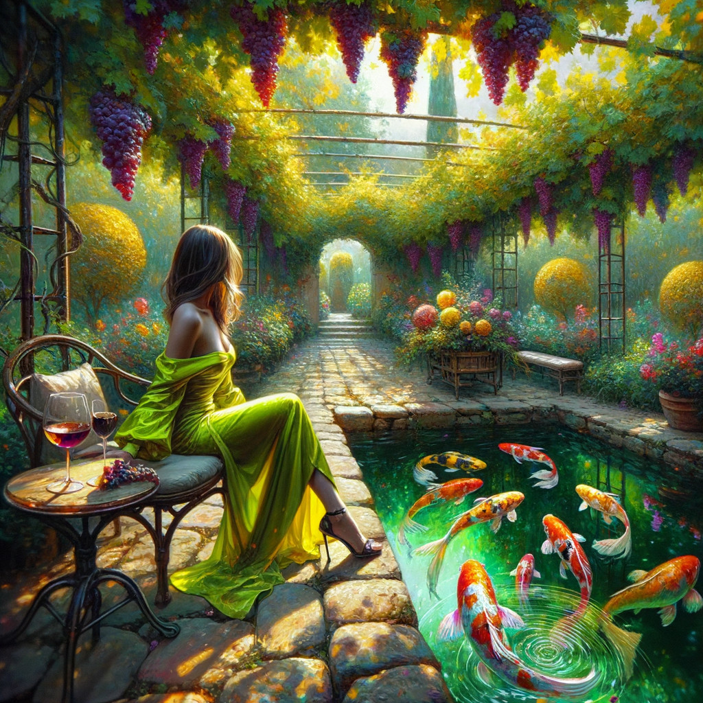Serene Garden Scene with Woman by Tranquil Pond