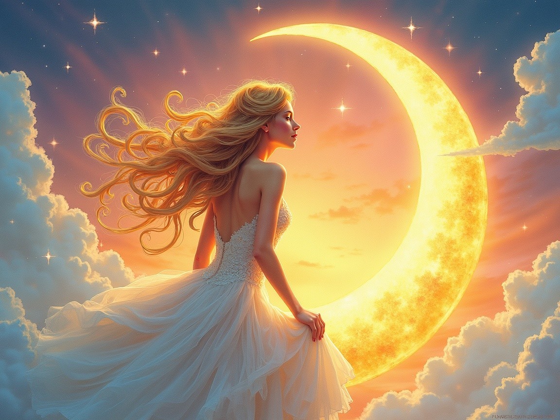 Woman in White Gown Against Cosmic Sunset Scene