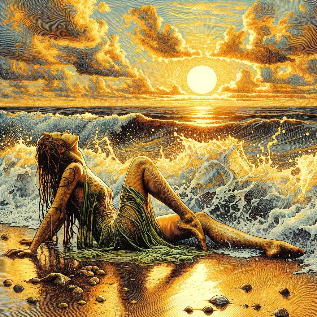 Serene beach scene with woman at sunset and waves