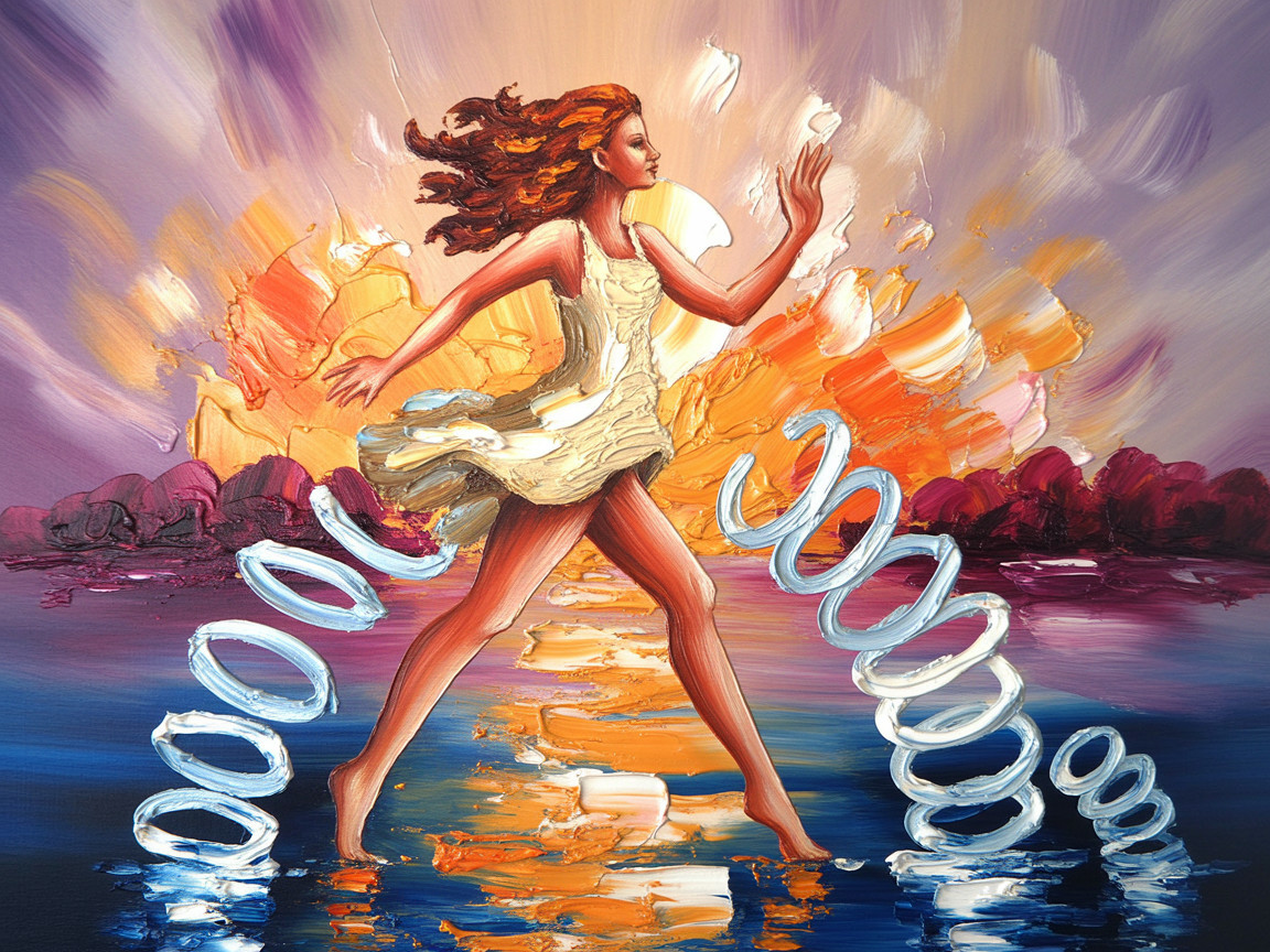 Colorful painting of a woman walking on water
