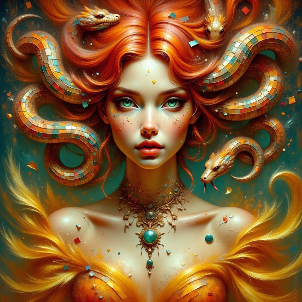 Portrait of a woman with red hair and colorful scales