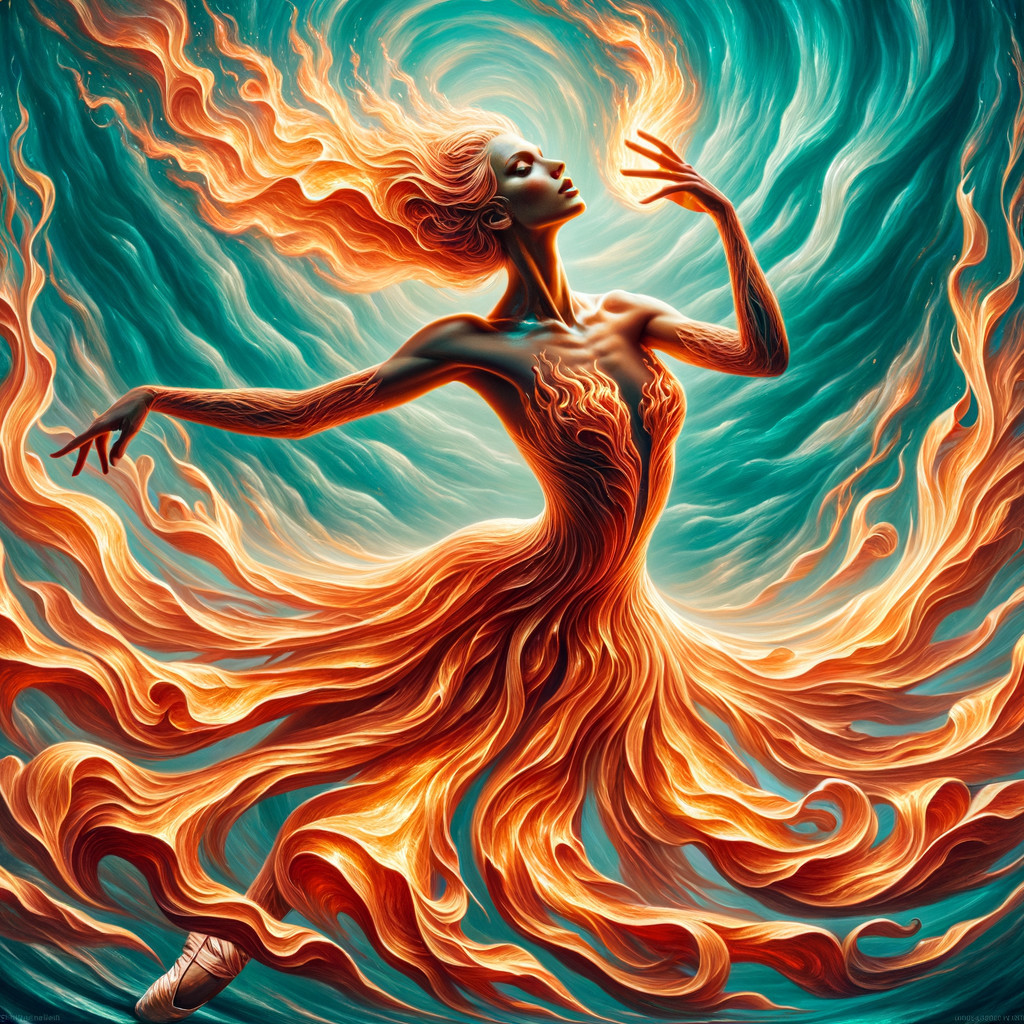 Woman Dancing in Flames Against Turquoise Background