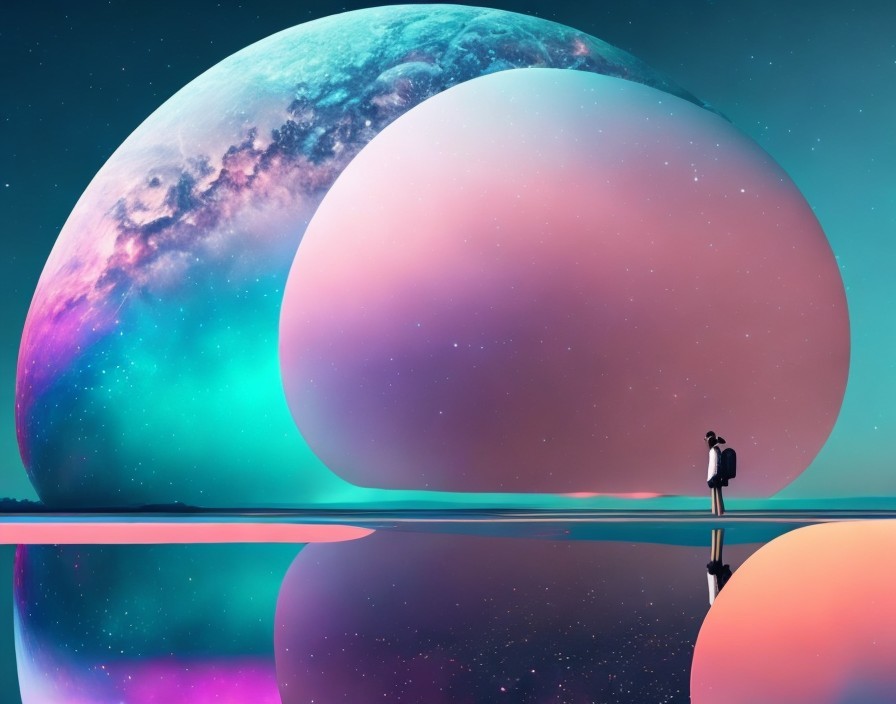 Surreal Landscape with Reflective Surface and Spheres