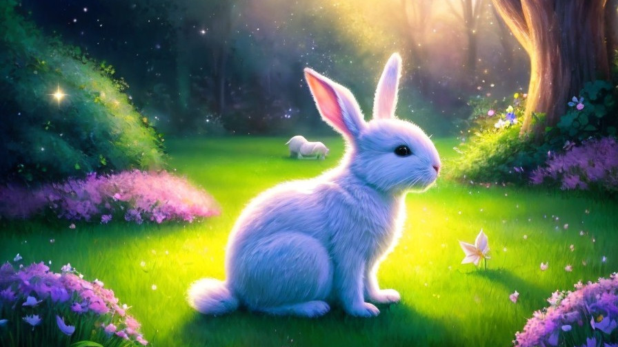 Fluffy White Rabbit in a Vibrant Meadow Scene