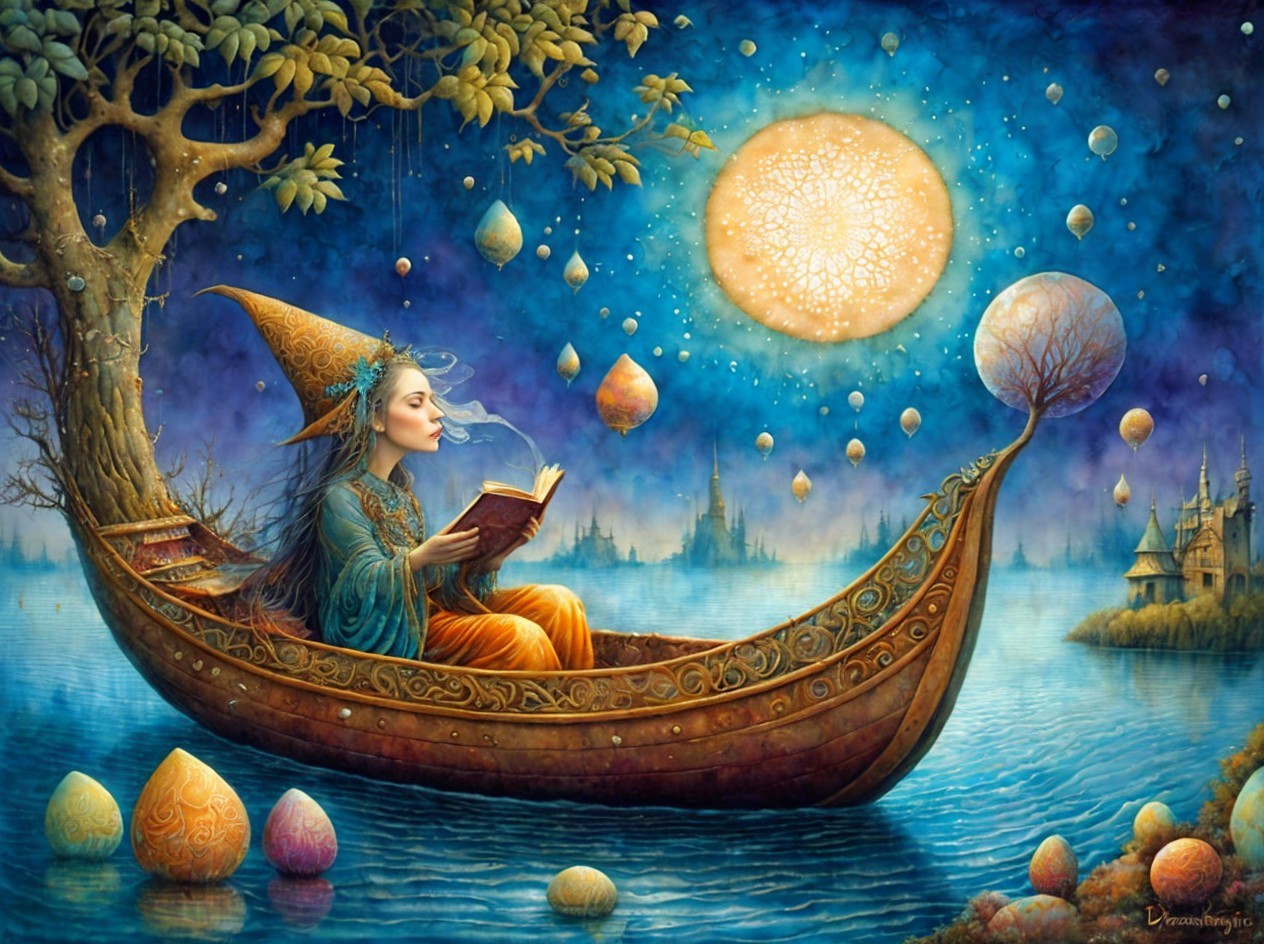 Young Woman in Whimsical Boat Surrounded by Orbs