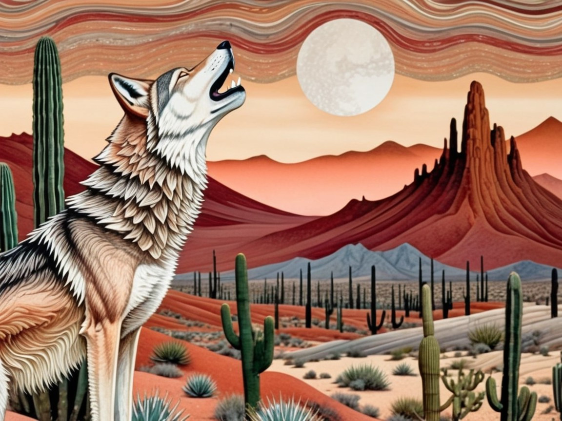 Wolf Howling Under Full Moon in Desert Landscape