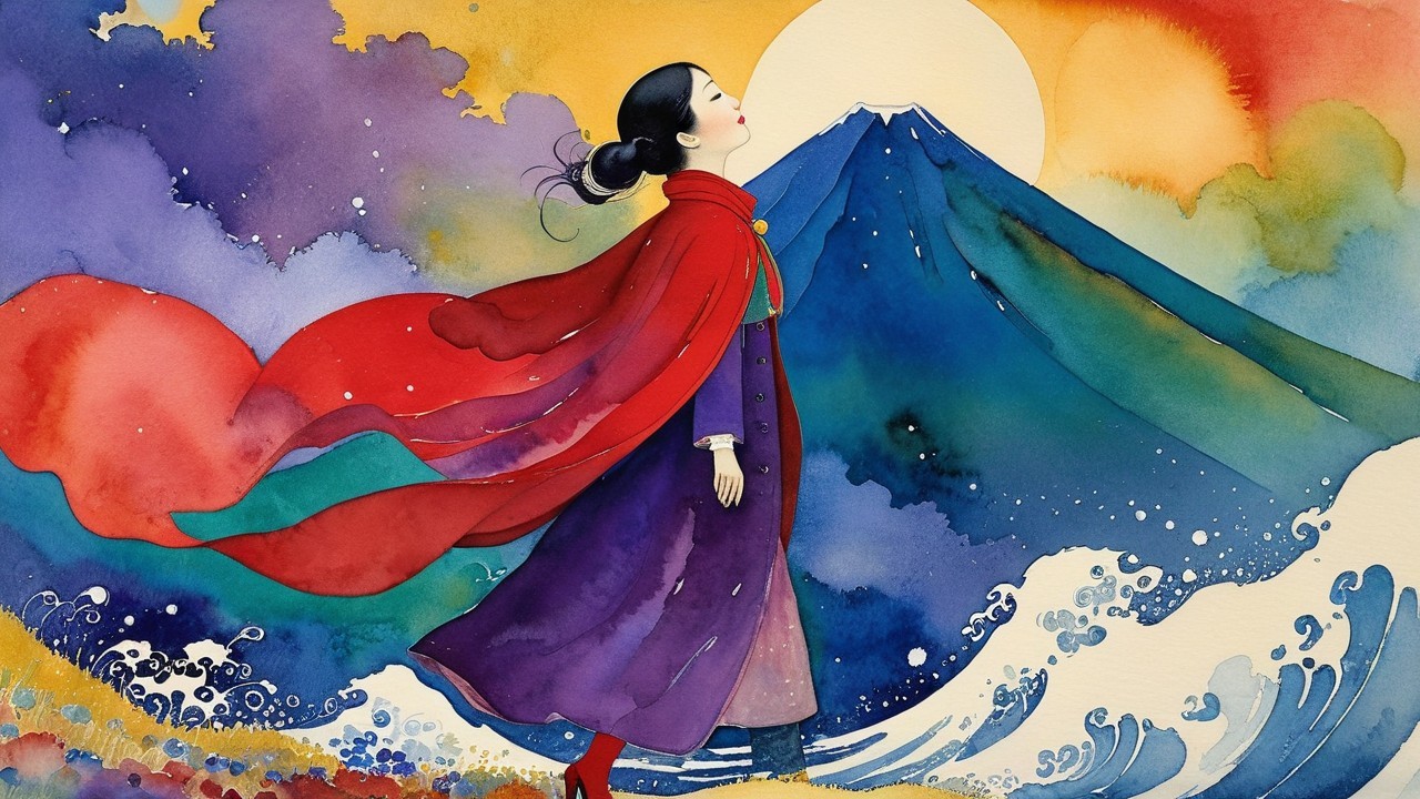 Serene Figure with Colorful Cloak Against Vibrant Landscape