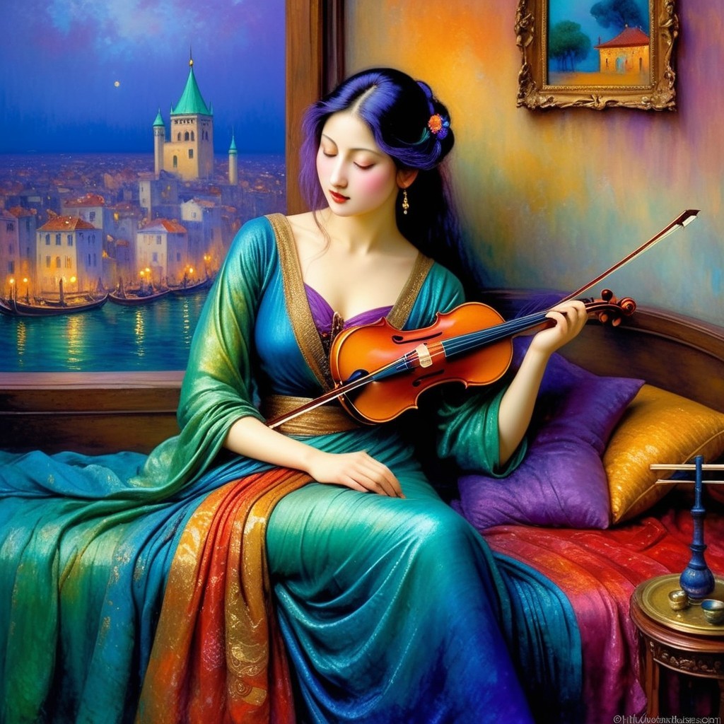 Serene Woman in Colorful Gown Playing Violin by Window